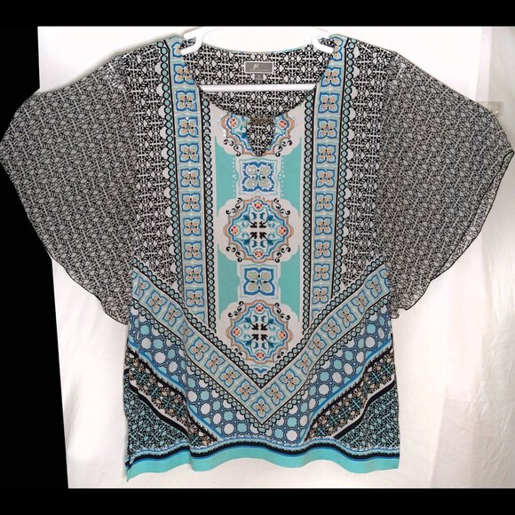 JM Collection Tops - Fluttery JM COLLECTION XL Aqua, Turquoise & Black Batwing Sleeve Stretch Blouse